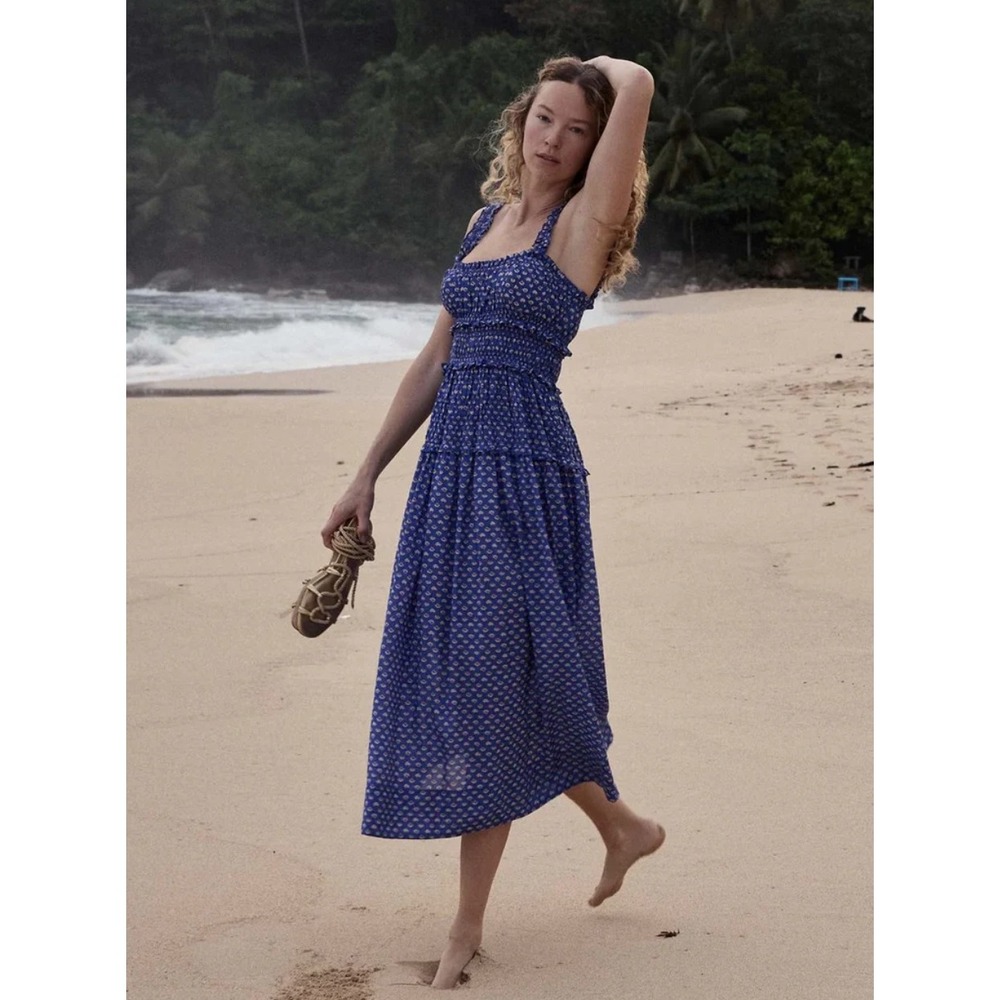 Doen Marianne Dress XL Bord De Mer Blue Floral Smocked Midi Ruffle Cotton